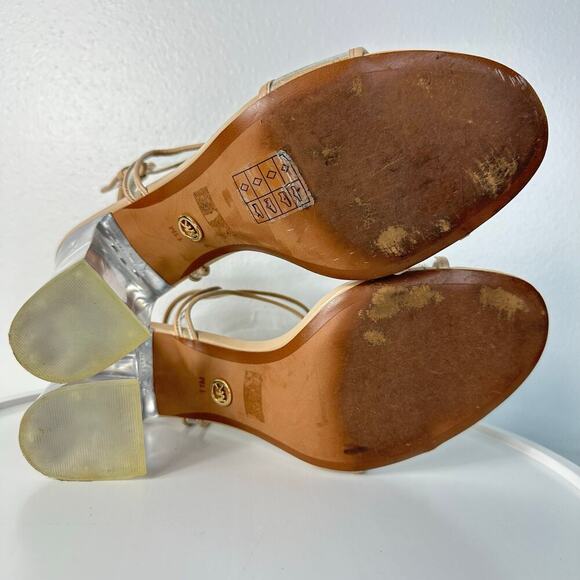 Michael Kors Heels Tori Lucite Clear Plastic Open Toe Buckle Ankle Strap Tan 11 - Picture 4 of 12